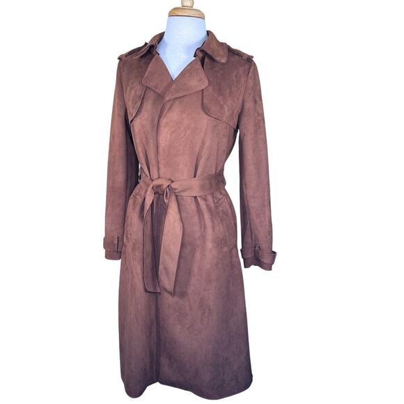 Magaschoni Women’s Chocolate Brown Faux Suede Belted Wrap Coat Size S EUC - Picture 15 of 15